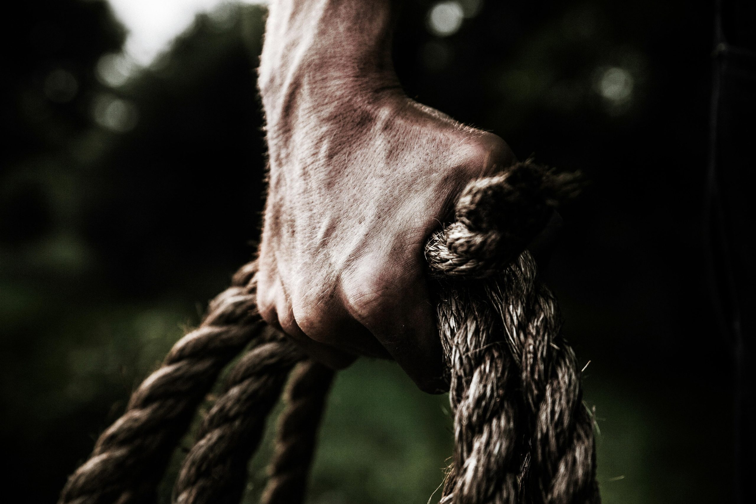 Close-up of stretched climbing rope absorbing fall force.